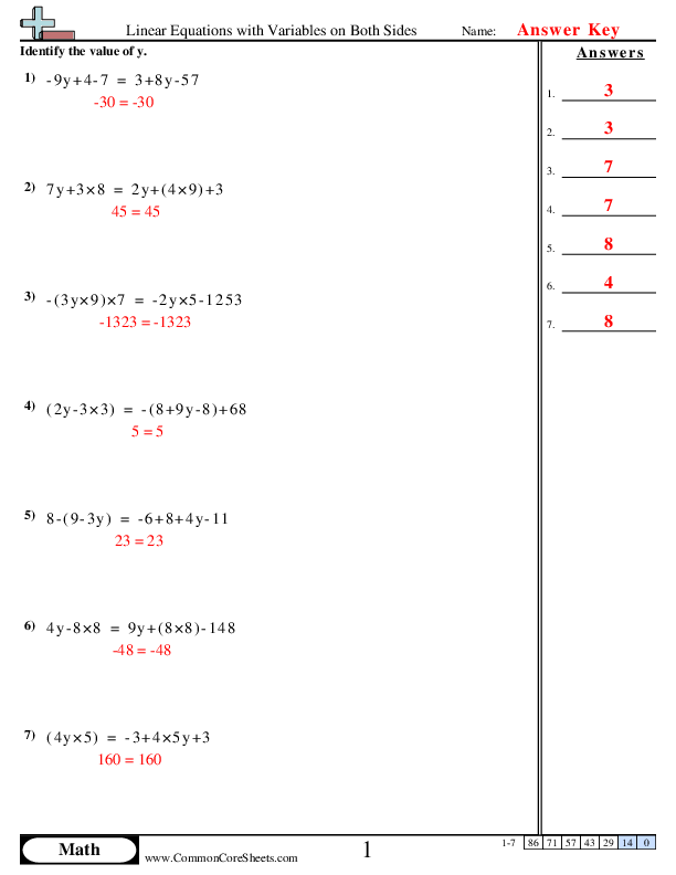  - Linear Equations with Variables on Both Sides worksheet